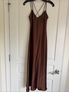 Zara Chocolate Brown Maxi Slip Dress with Double Spaghetti Straps